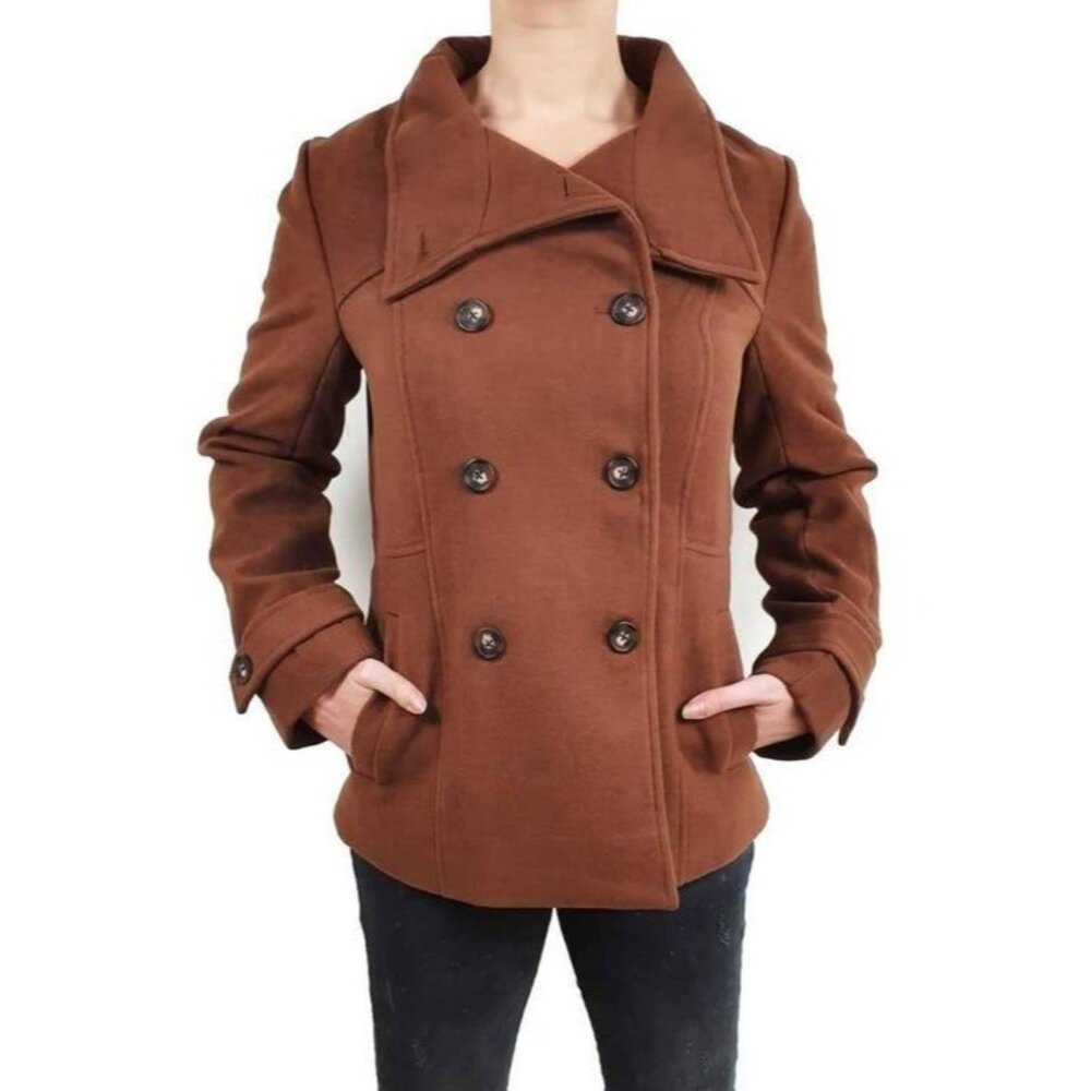 Brown Double-Breasted Peacoat With Wide Collar Small